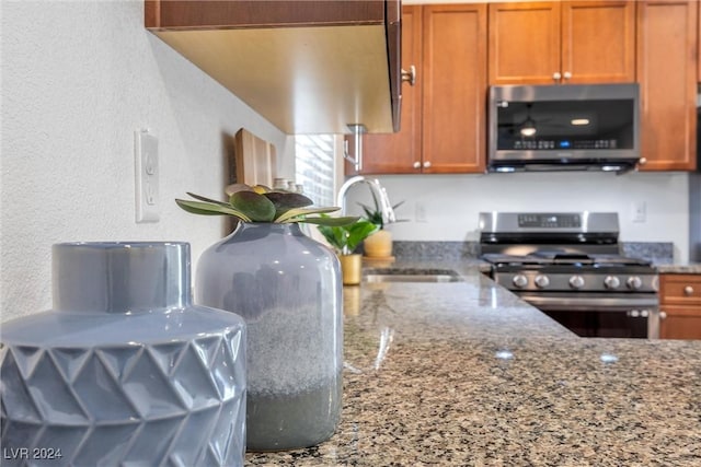 kitchen with sink, stone countertops, and appliances with stainless steel finishes