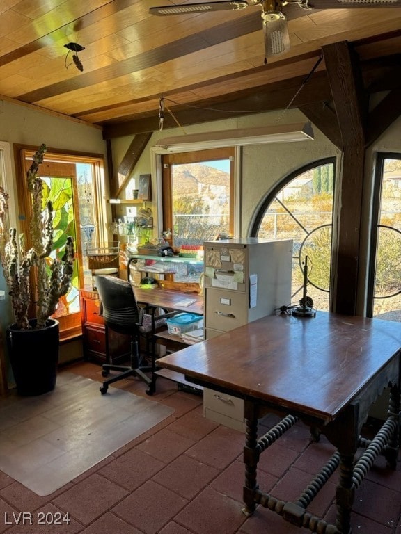 dining area featuring ceiling fan, plenty of natural light, and wooden ceiling