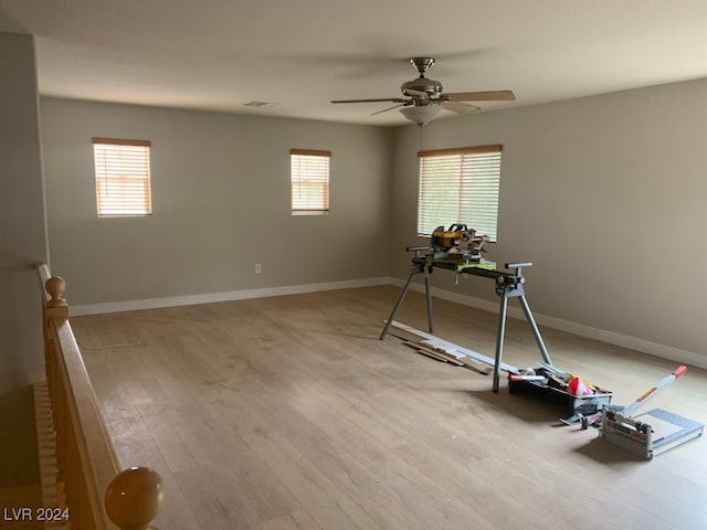 interior space featuring ceiling fan, plenty of natural light, and light wood-type flooring