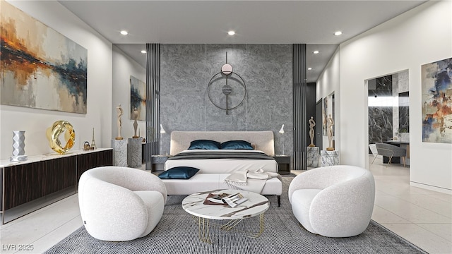 bedroom with an accent wall, tile patterned flooring, and recessed lighting