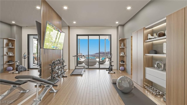 1487 Reims Dr, Henderson, NV 89012 - exercise area featuring recessed lighting, built in features, and wood finished floors
