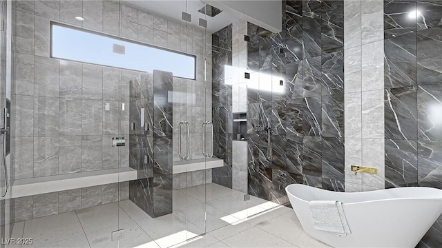 1487 Reims Dr, Henderson, NV 89012 - full bath with a freestanding tub, tiled shower, and tile walls