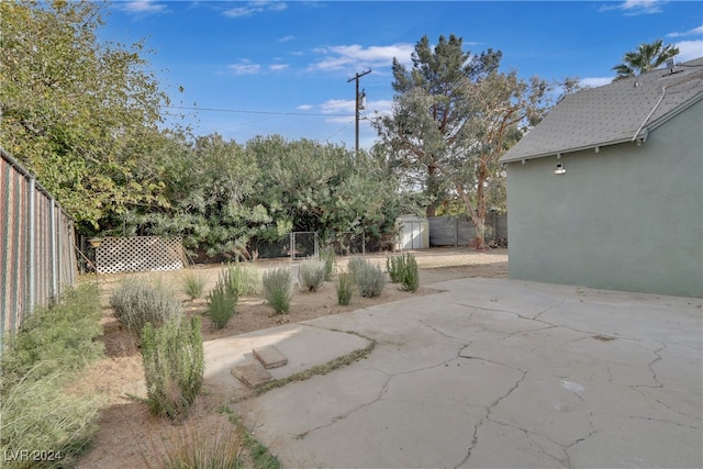 view of patio / terrace with a storage shed