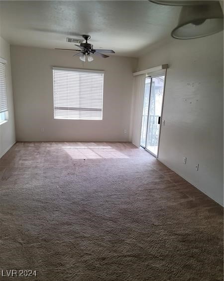 carpeted spare room featuring a wealth of natural light and ceiling fan