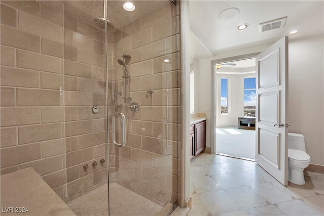 bathroom with vanity, toilet, and walk in shower