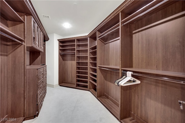 walk in closet with light colored carpet