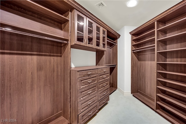 walk in closet with light carpet