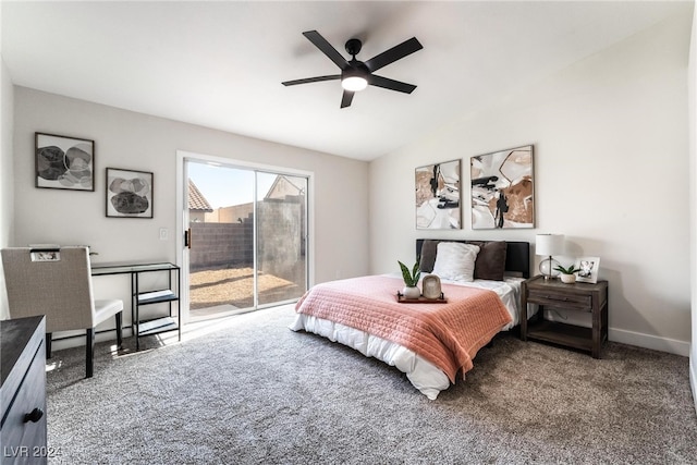 bedroom with carpet flooring, access to exterior, ceiling fan, and lofted ceiling