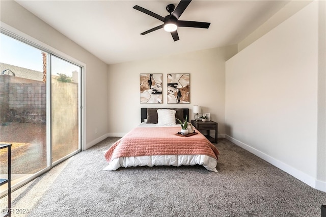 carpeted bedroom featuring access to outside, ceiling fan, and lofted ceiling