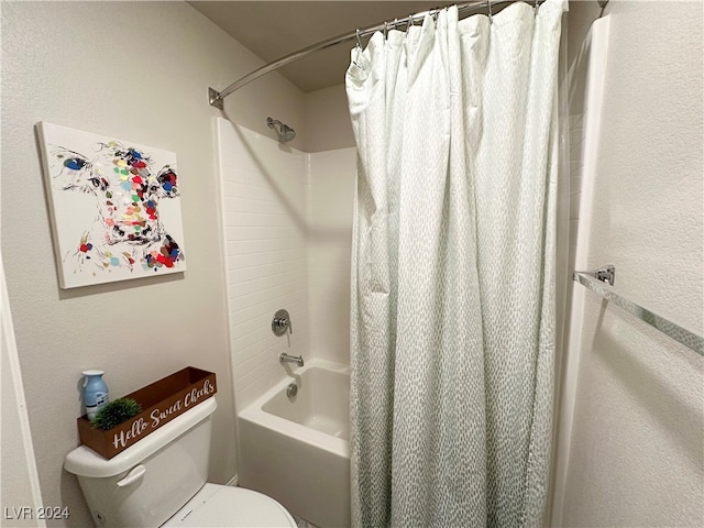 bathroom featuring toilet and shower / bathtub combination with curtain