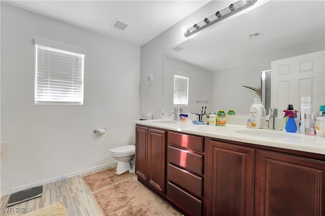 bathroom with vanity, toilet, and wood-type flooring