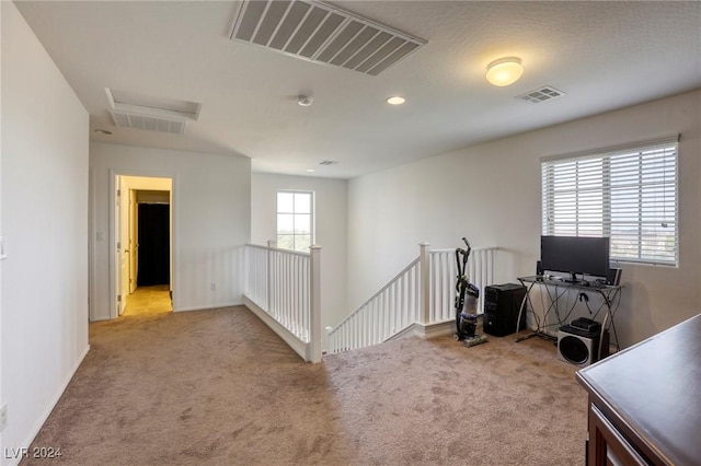 office area featuring visible vents and carpet flooring