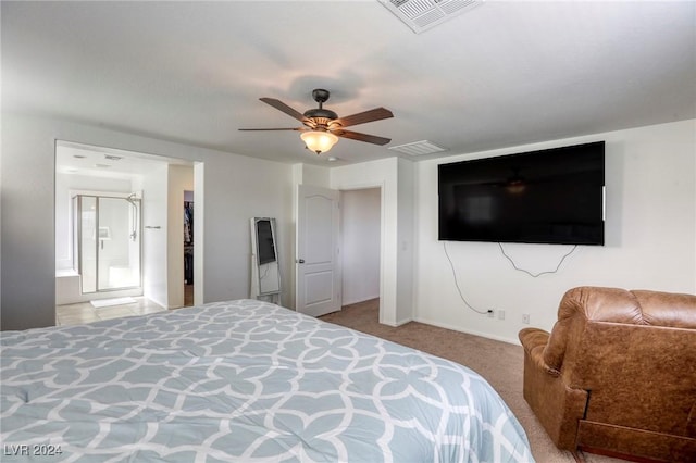 carpeted bedroom featuring visible vents and ceiling fan