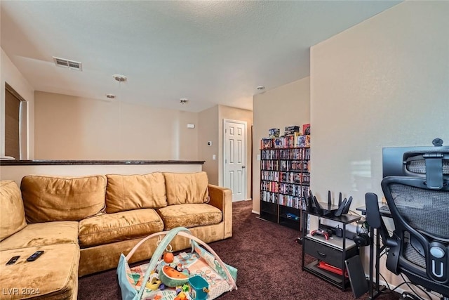 living room featuring dark carpet