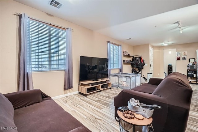 living room with a wealth of natural light and light hardwood / wood-style flooring