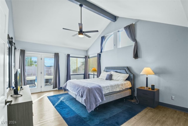 bedroom with ceiling fan, light hardwood / wood-style floors, access to exterior, and multiple windows