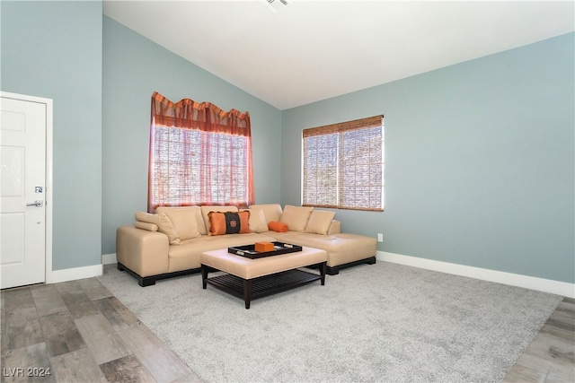 living room featuring plenty of natural light, hardwood / wood-style floors, and vaulted ceiling