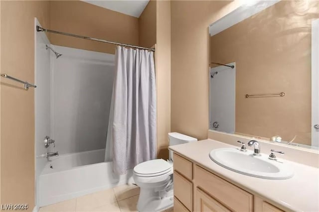 full bathroom with tile patterned flooring, vanity, toilet, and shower / tub combo with curtain