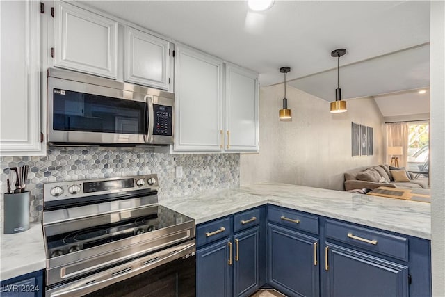 kitchen with blue cabinets, white cabinets, and appliances with stainless steel finishes