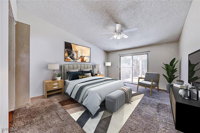 carpeted bedroom featuring ceiling fan, vaulted ceiling, access to outside, and a textured ceiling