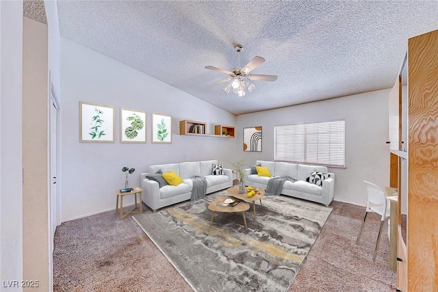 carpeted living room featuring a textured ceiling, lofted ceiling, and ceiling fan