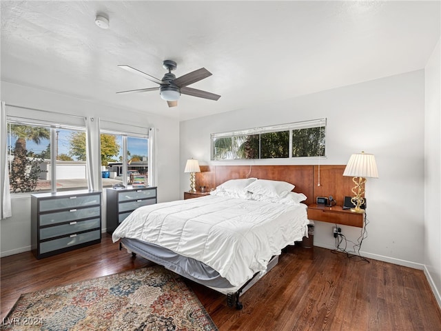 bedroom featuring multiple windows, dark hardwood / wood-style floors, and ceiling fan