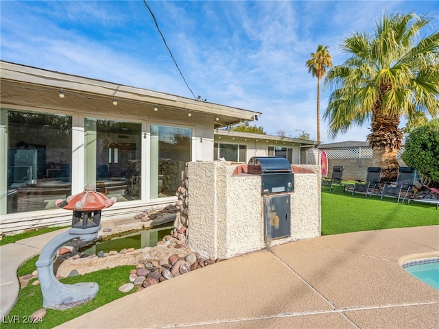 rear view of property with a patio area and a yard