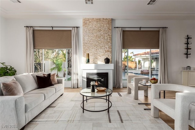 living room featuring a large fireplace, ornamental molding, and light hardwood / wood-style flooring