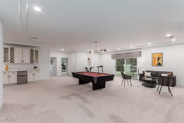 game room with indoor bar, billiards, and light carpet