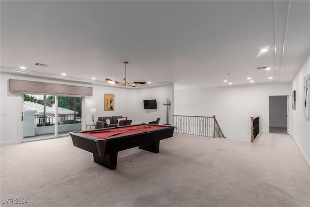 playroom featuring pool table and light carpet