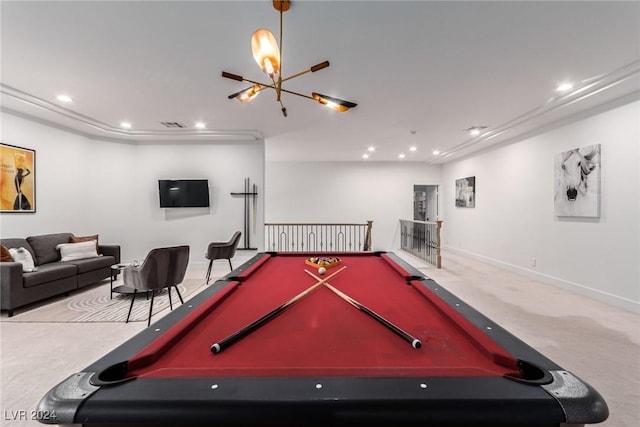 rec room featuring pool table, a chandelier, and carpet flooring