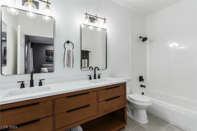 full bathroom with toilet, shower / bathing tub combination, tile patterned flooring, and vanity