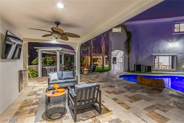 view of patio / terrace with an outdoor kitchen, cooling unit, a pergola, and outdoor lounge area