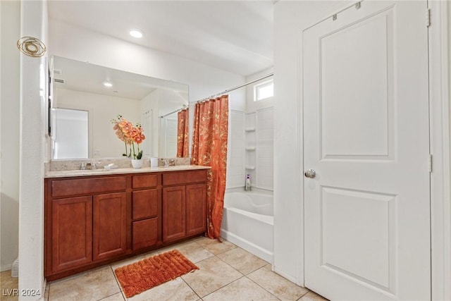 full bathroom with shower / bath combination with curtain, tile patterned flooring, a sink, and double vanity
