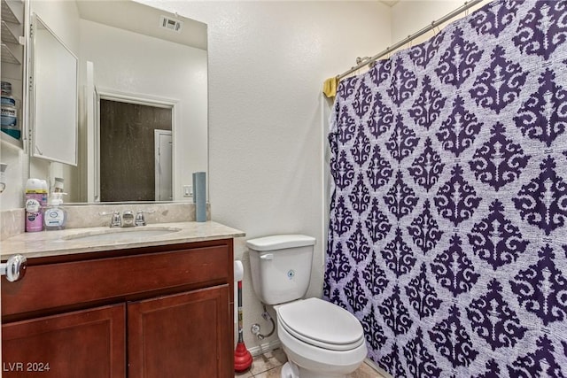 full bathroom with vanity, curtained shower, toilet, visible vents, and a textured wall
