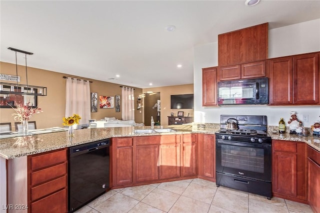 kitchen featuring kitchen peninsula, light tile patterned floors, sink, and black appliances