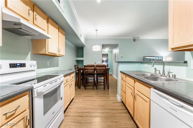 kitchen with sink, decorative light fixtures, white appliances, light brown cabinetry, and ornamental molding