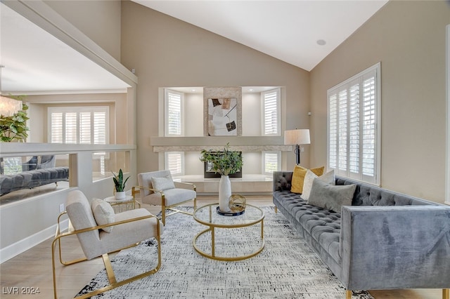 living room with hardwood / wood-style floors and high vaulted ceiling