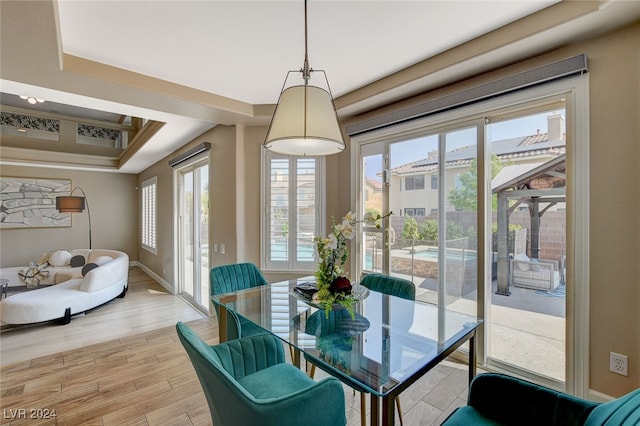 dining space featuring hardwood / wood-style floors and a tray ceiling