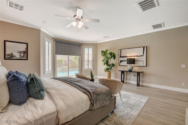 bedroom with ceiling fan, light wood-type flooring, ornamental molding, and access to outside