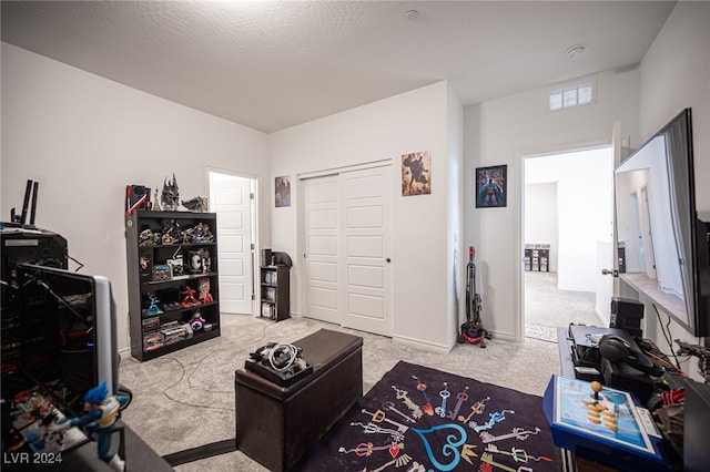 living room with light carpet and a textured ceiling