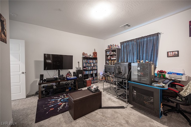 office space with light colored carpet and a textured ceiling