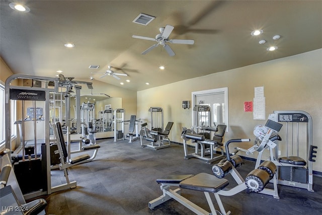 gym featuring recessed lighting, visible vents, and vaulted ceiling