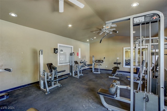 gym with lofted ceiling, ceiling fan, baseboards, and recessed lighting