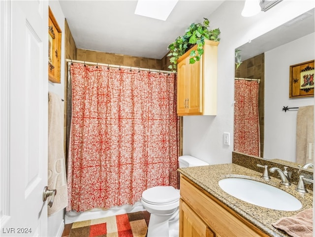 bathroom featuring a skylight, vanity, a shower with shower curtain, and toilet