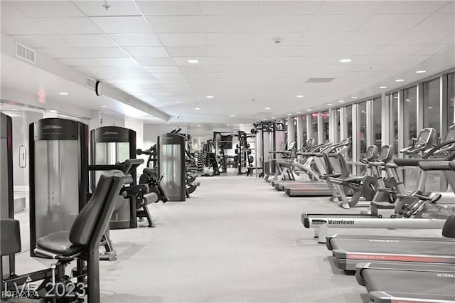 exercise room with a drop ceiling and light carpet