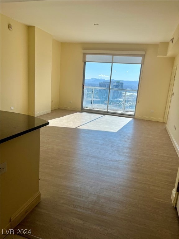 unfurnished room featuring a mountain view and wood-type flooring