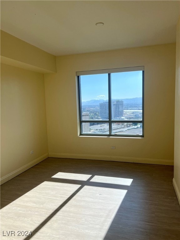 spare room featuring a mountain view and dark hardwood / wood-style flooring