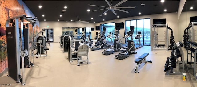 workout area with ceiling fan