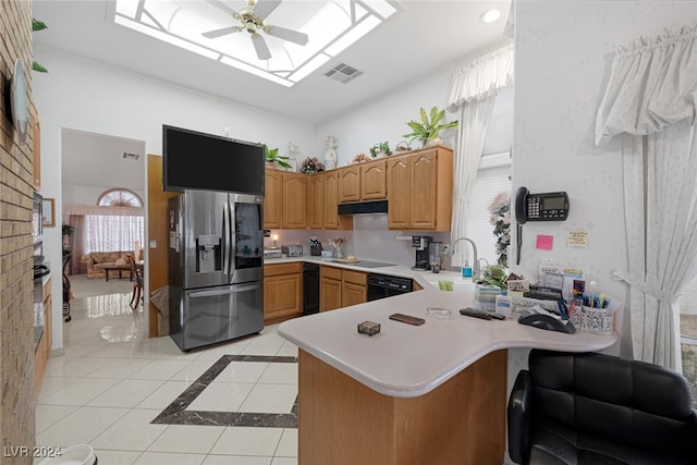 kitchen with ceiling fan, black appliances, kitchen peninsula, sink, and light tile patterned floors